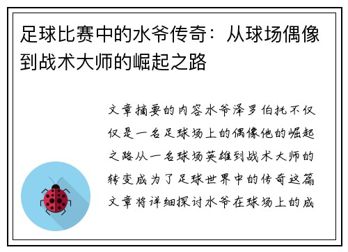 足球比赛中的水爷传奇:从球场偶像到战术大师的崛起之路