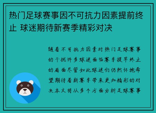 热门足球赛事因不可抗力因素提前终止 球迷期待新赛季精彩对决