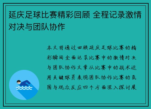 延庆足球比赛精彩回顾 全程记录激情对决与团队协作