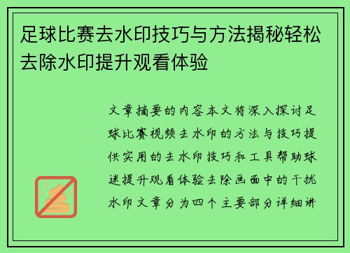 足球比赛去水印技巧与方法揭秘轻松去除水印提升观看体验