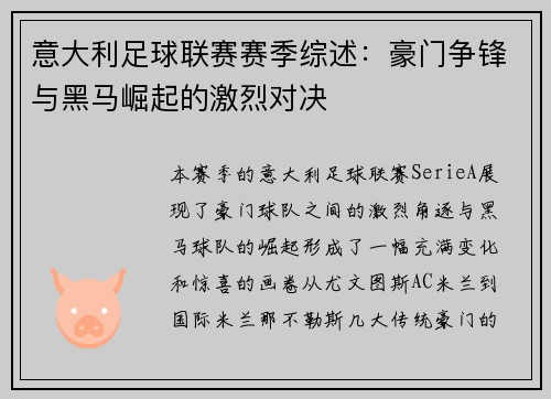 意大利足球联赛赛季综述:豪门争锋与黑马崛起的激烈对决