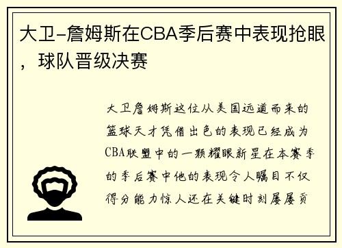 大卫-詹姆斯在CBA季后赛中表现抢眼,球队晋级决赛