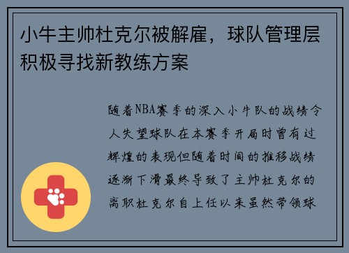 小牛主帅杜克尔被解雇，球队管理层积极寻找新教练方案