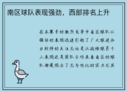 南区球队表现强劲,西部排名上升