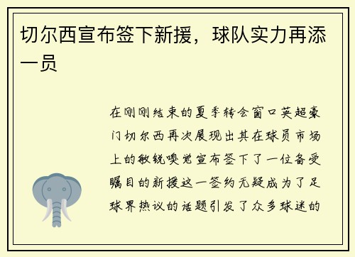 切尔西宣布签下新援,球队实力再添一员