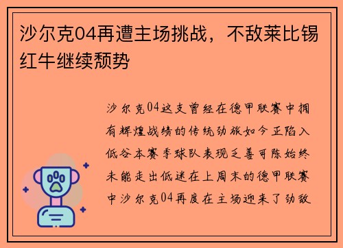 沙尔克04再遭主场挑战,不敌莱比锡红牛继续颓势