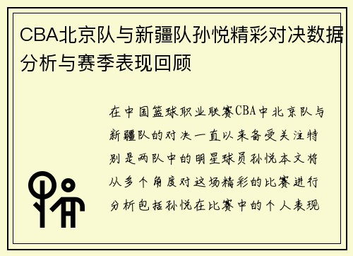 CBA北京队与新疆队孙悦精彩对决数据分析与赛季表现回顾