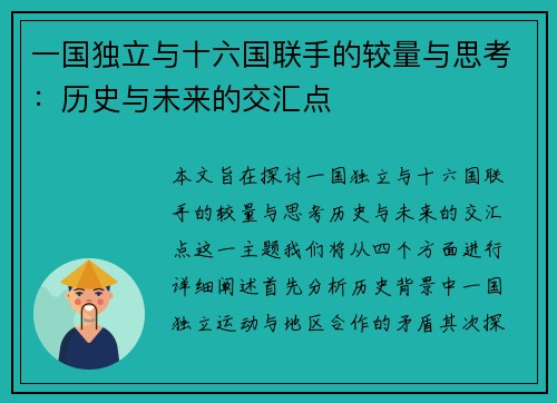 一国独立与十六国联手的较量与思考:历史与未来的交汇点