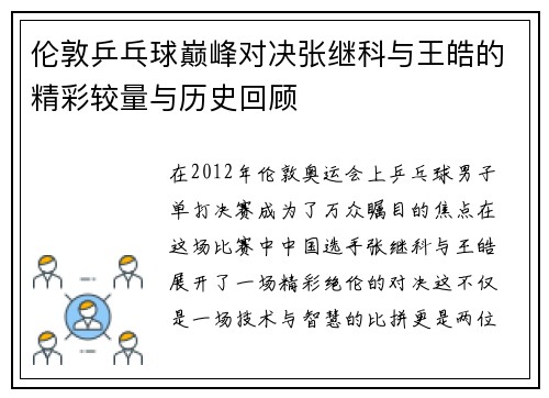 伦敦乒乓球巅峰对决张继科与王皓的精彩较量与历史回顾
