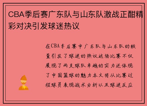 CBA季后赛广东队与山东队激战正酣精彩对决引发球迷热议