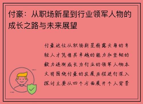 付豪：从职场新星到行业领军人物的成长之路与未来展望